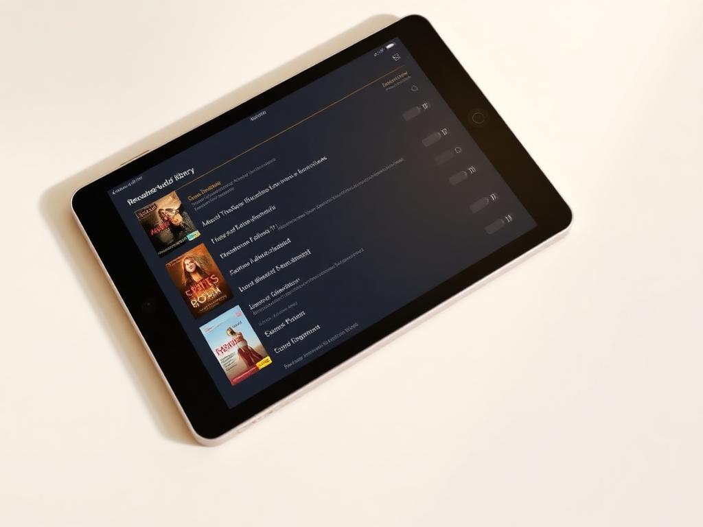 Biblioteca de audiobooks organizada em um tablet